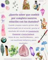 Tarjeta ilustrada sobre la conexión con los duendes y el altar sincronizado.