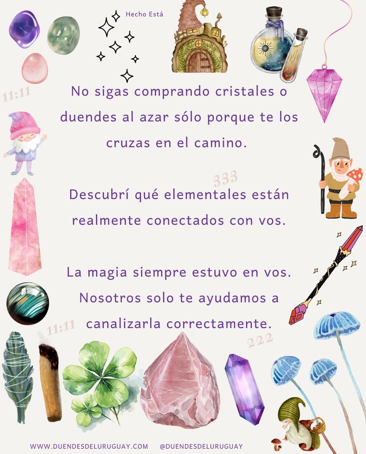 Tarjeta ilustrada sobre elegir duendes y cristales a través de una conexión personal.