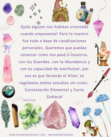 Tarjeta ilustrada del altar que menciona Constelación Elemental y Carta Zodiacal.