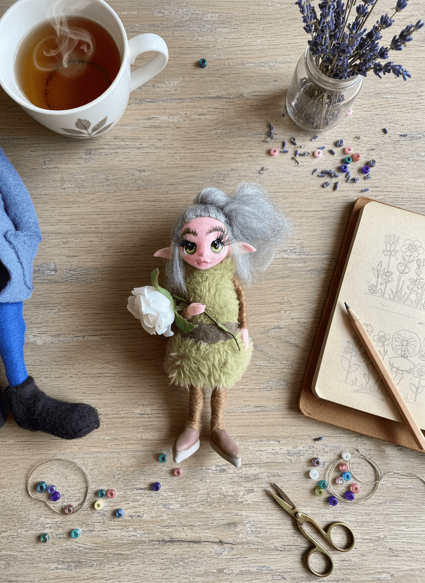 Flor - Pixie — pieza artística de un guardián de abundancia y dinero, hecha a mano por Duendes del Uruguay, vista 5.