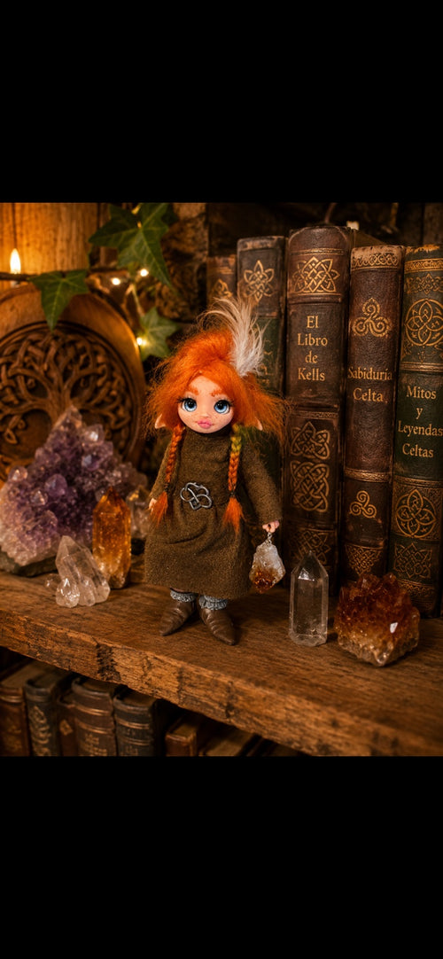 Aurneva handmade Pixie with feather, Celtic knot and citrine among crystals and ancient books