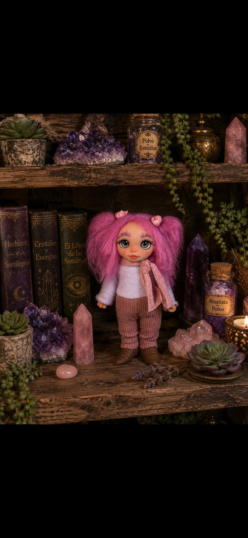 Avenya handmade Pixie with pink hair among crystals and magical books