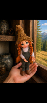 Elarune, Pixie of the Open Palm, handmade Pixie shown in hand for scale