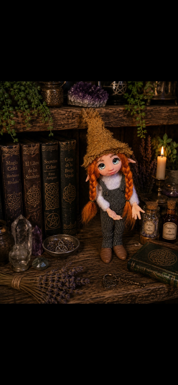 Elarune handmade Pixie among Celtic magic books, crystals and lavender
