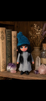 Iselune handmade Pixie among botanical books, crystals and lavender