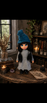 Iselune handmade Pixie in a warm botanical room with books and candlelight