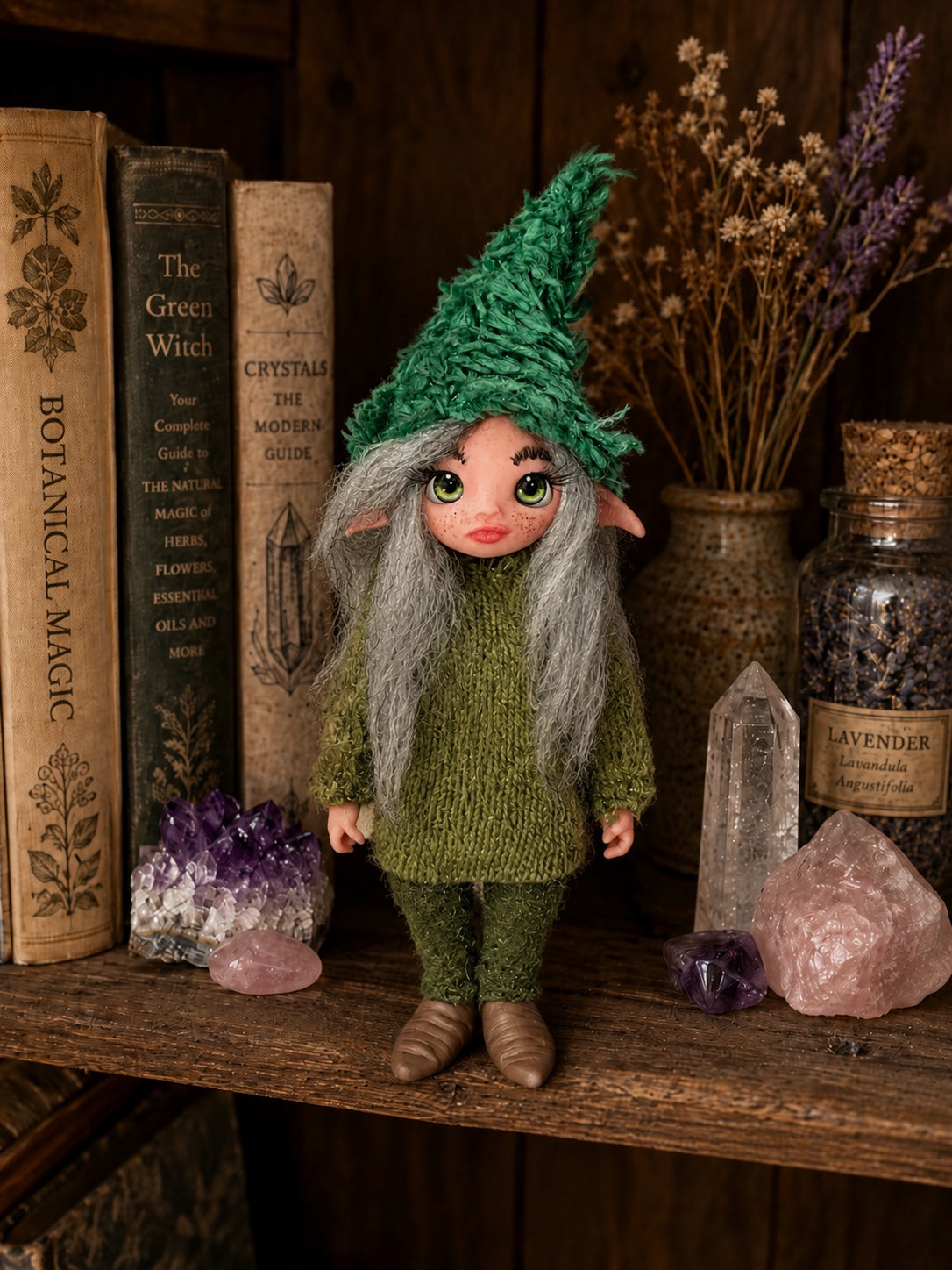 Maelira handmade Pixie among botanical books, lavender and crystals