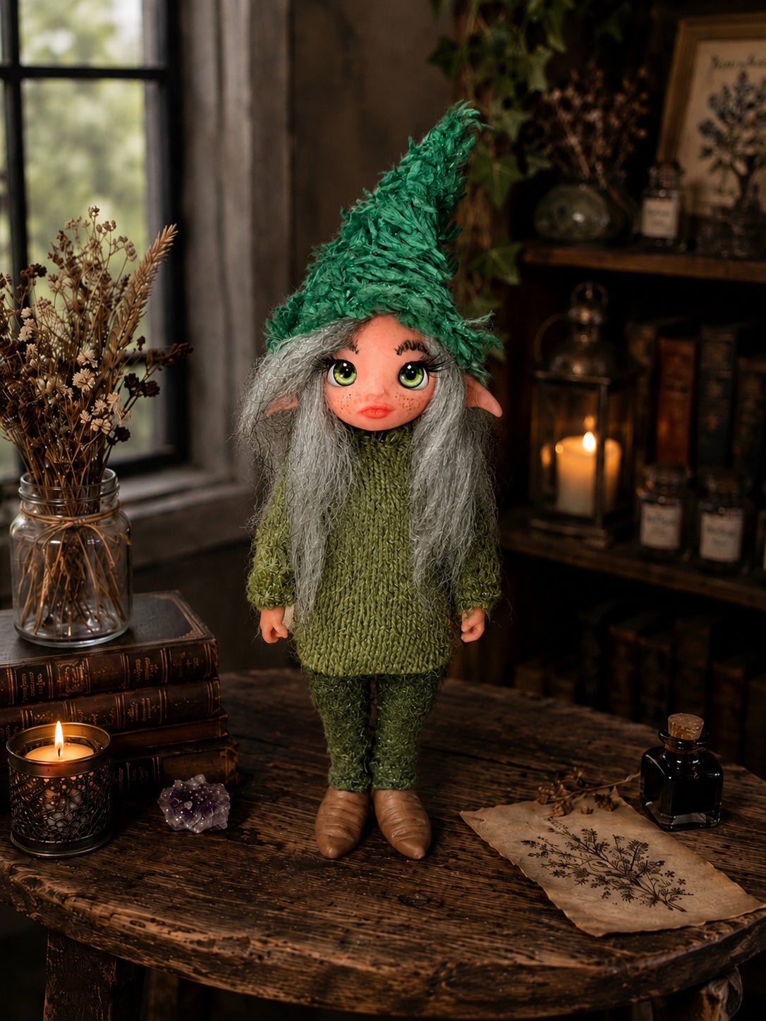 Maelira handmade Pixie in a warm botanical room with candlelight