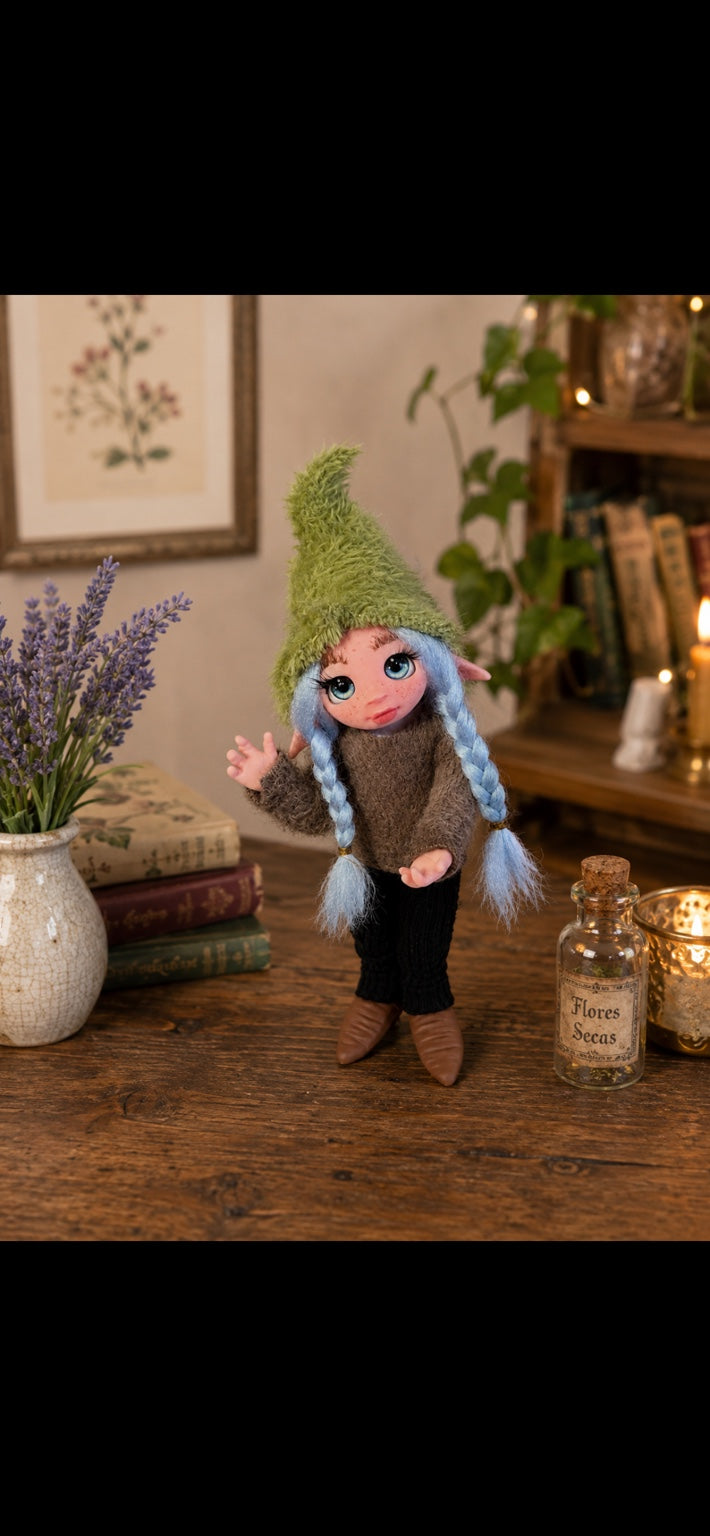 Nirea handmade Pixie with blue braids beside lavender and botanical objects