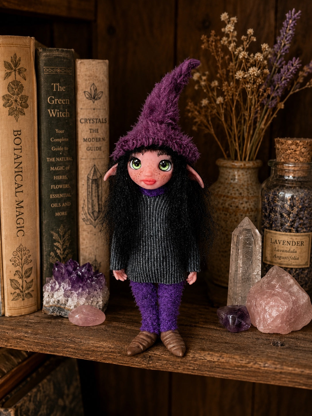 Nythara handmade Pixie among botanical books, lavender and crystals