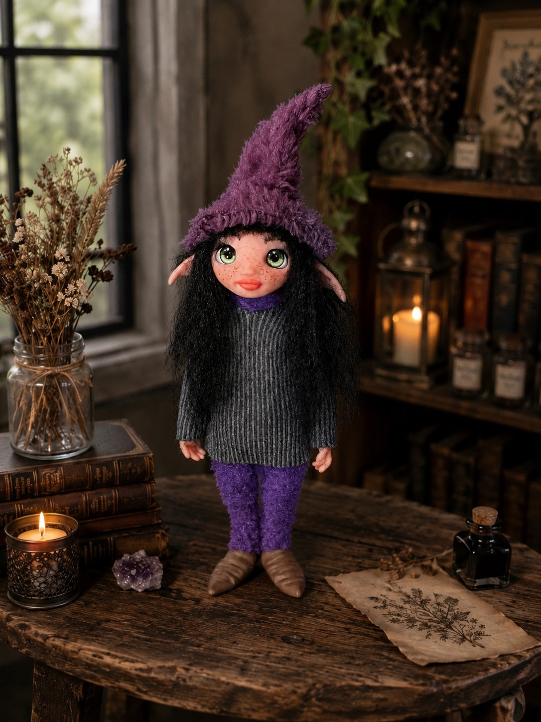 Nythara handmade Pixie in a warm botanical room with books and candlelight