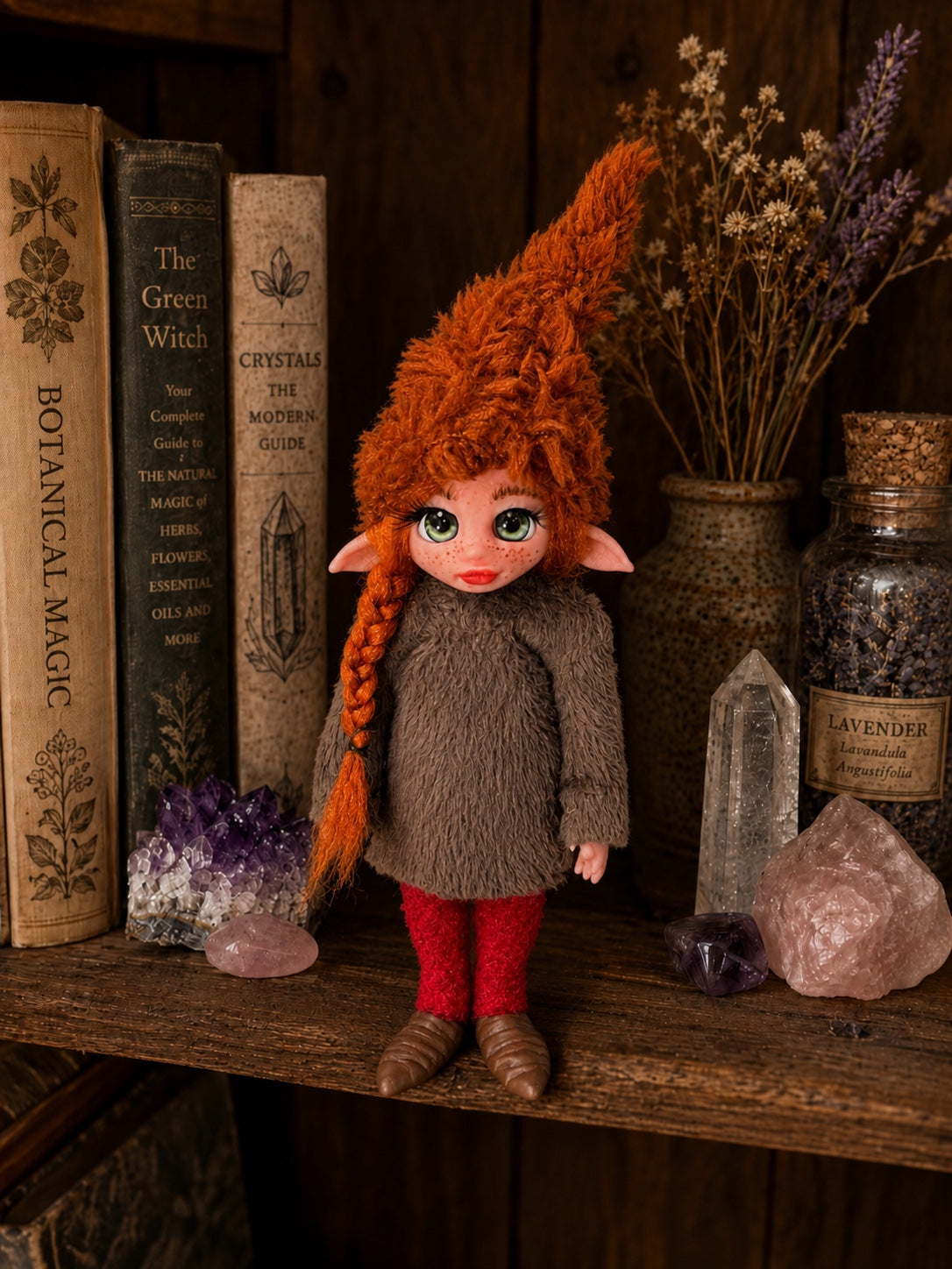 Orivelle handmade Pixie among botanical books, lavender and crystals