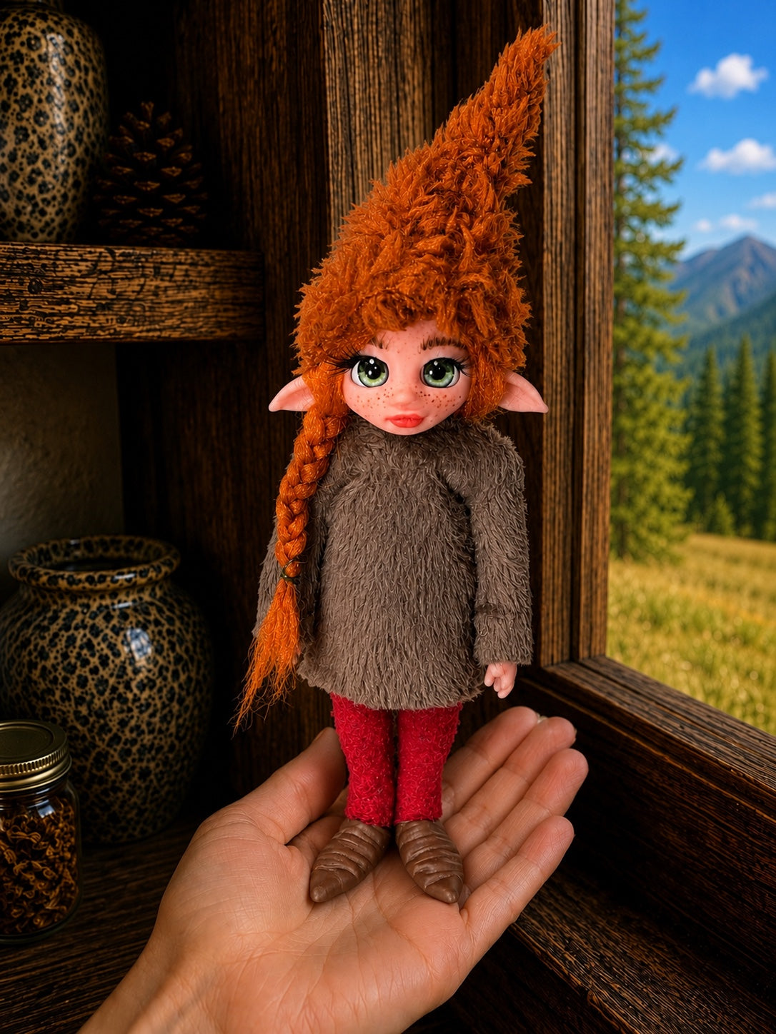 Orivelle, Pixie of the Ember Seed, handmade Pixie shown in hand for scale