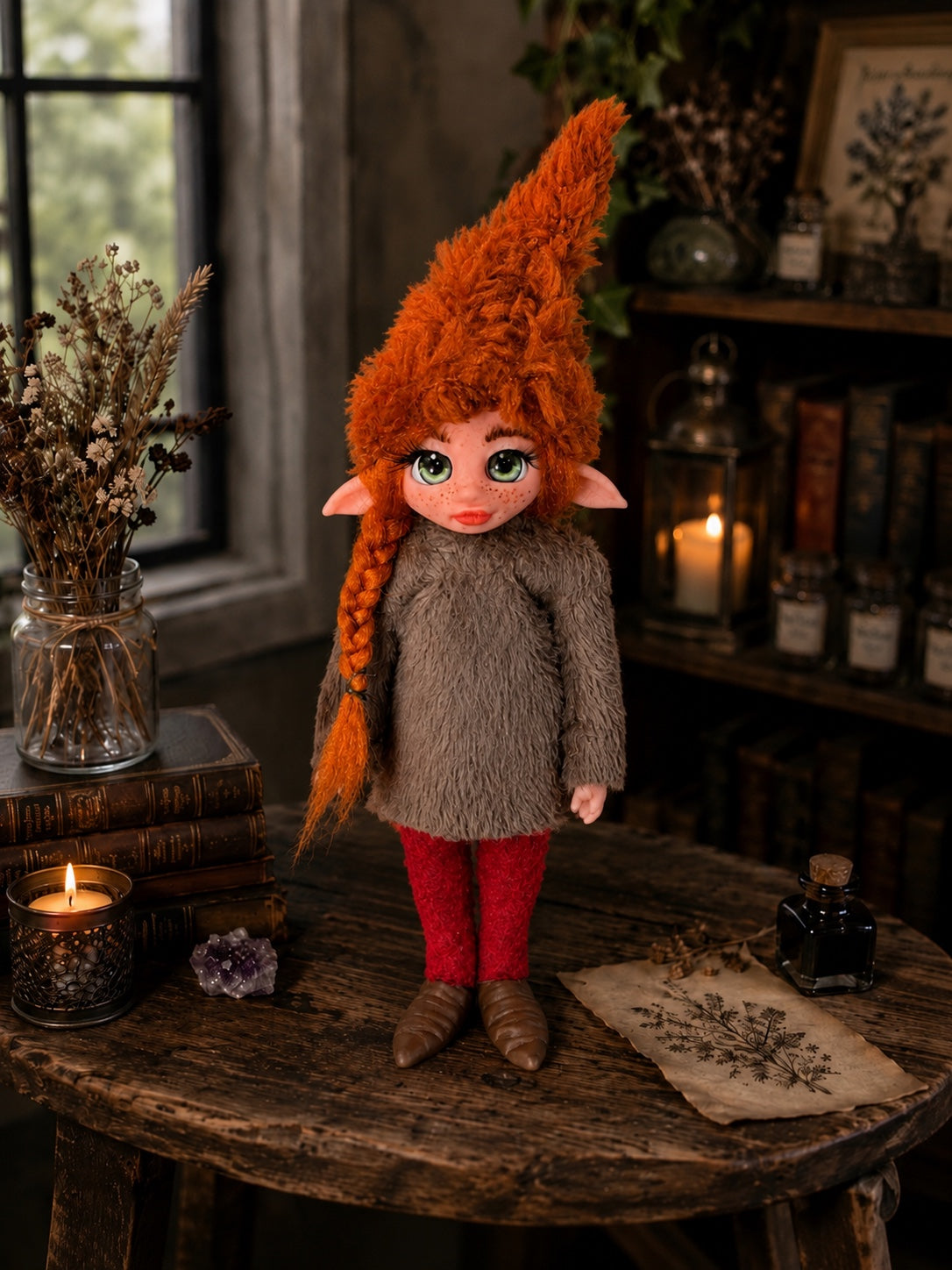 Orivelle handmade Pixie in a warm botanical room with books and candlelight