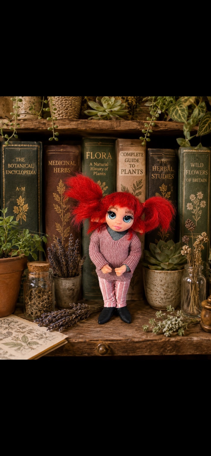Ruvella handmade Pixie with red pigtails among botanical books and dried flowers