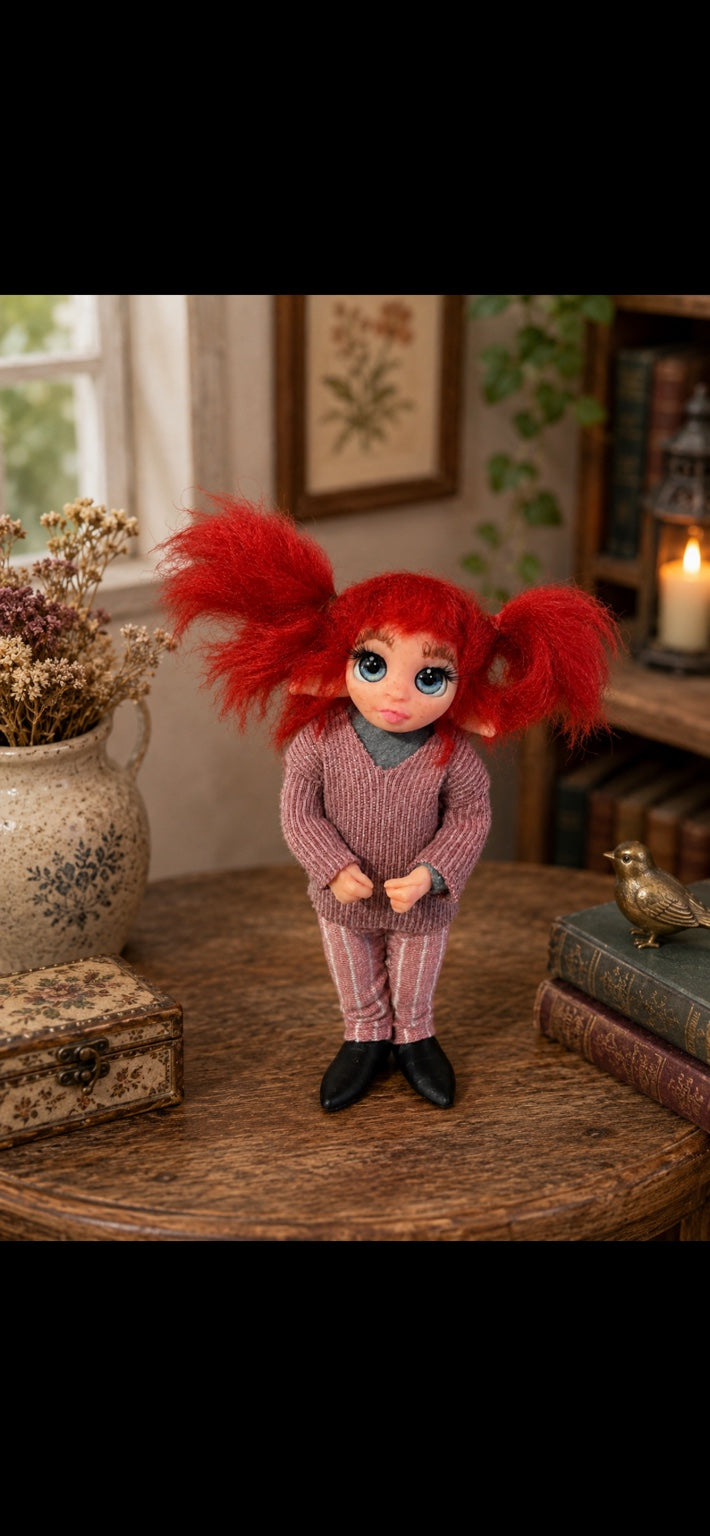 Ruvella handmade Pixie with red pigtails in a warm botanical room