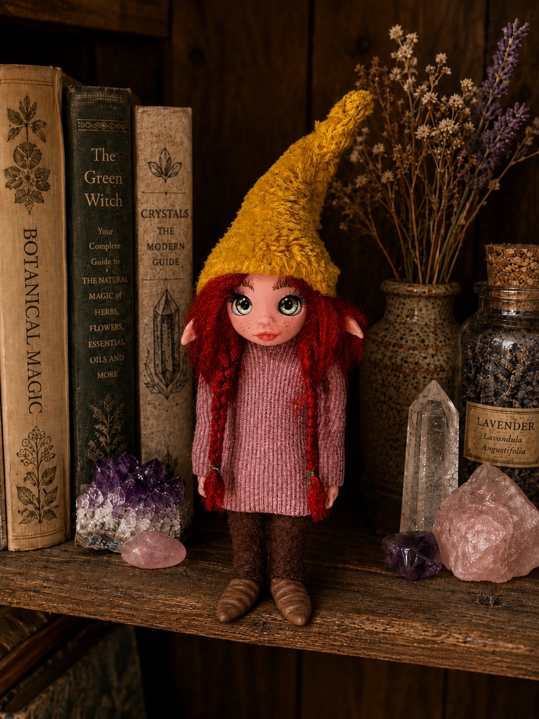 Solmara handmade Pixie among botanical books, lavender and crystals