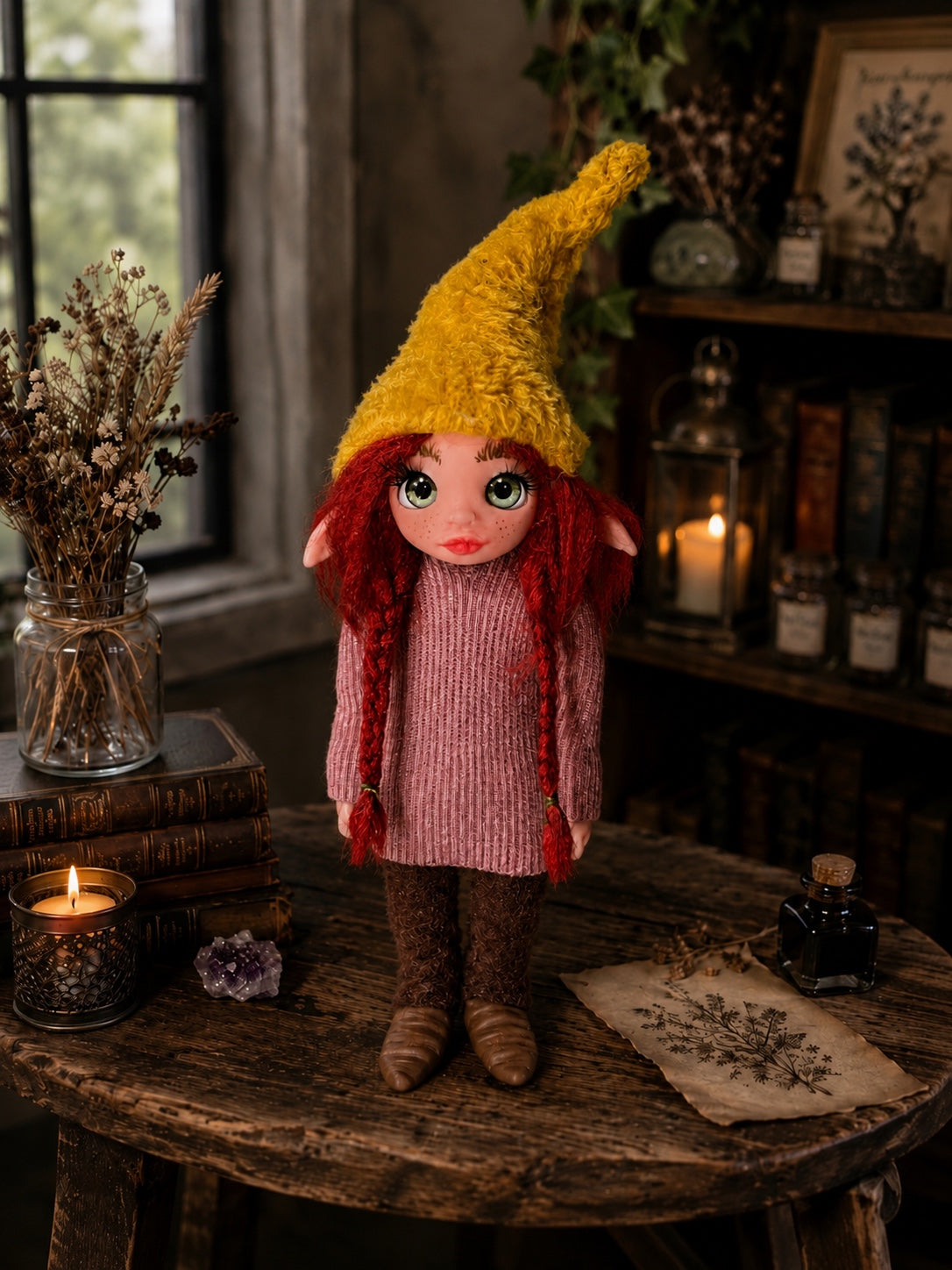 Solmara handmade Pixie in a warm botanical room with books and candlelight
