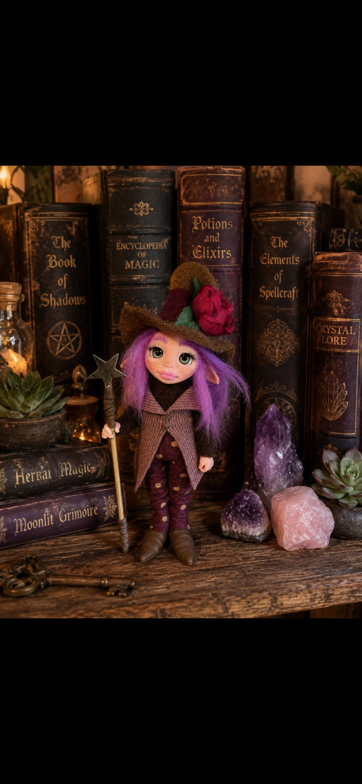 Sorelia handmade Pixie with rose hat and star staff among magical books and crystals