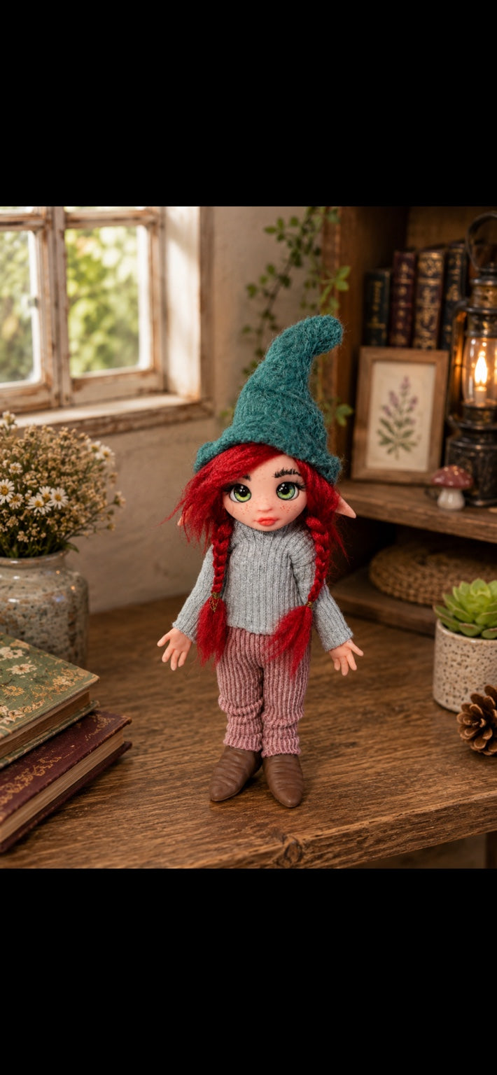 Soriel handmade Pixie with red braids in a warm botanical setting