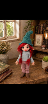 Soriel handmade Pixie with red braids in a warm botanical setting