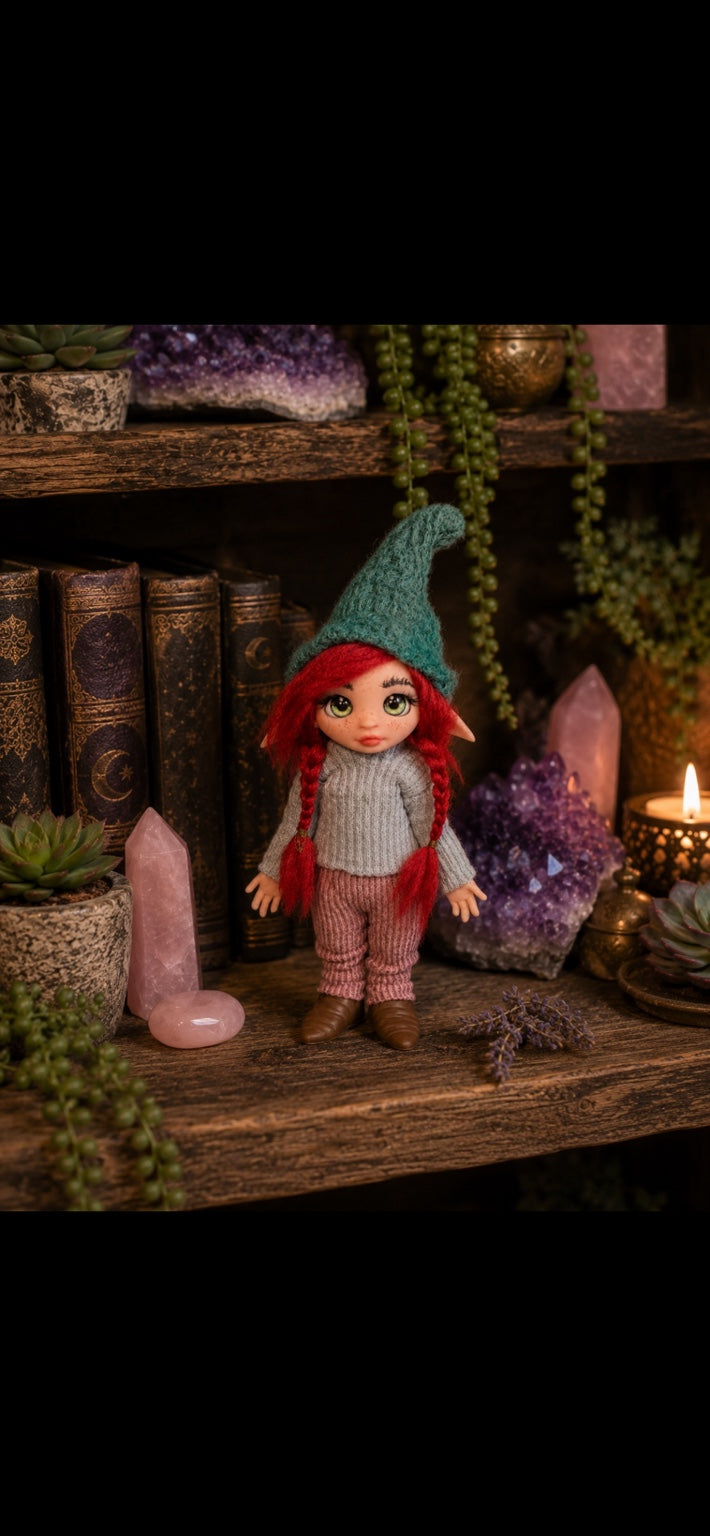 Soriel handmade Pixie with red braids among crystals and forest books