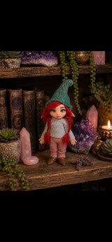 Soriel handmade Pixie with red braids among crystals and forest books