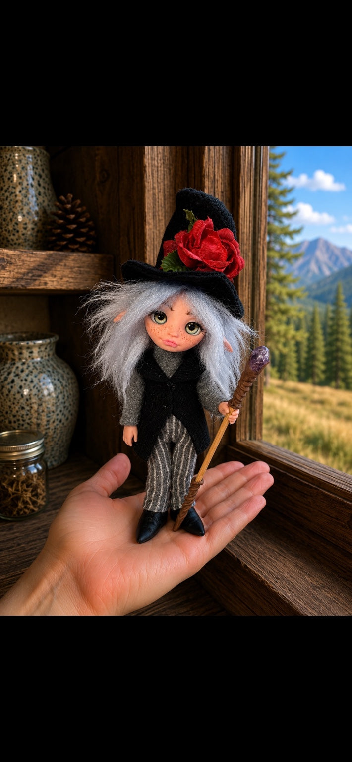 Thalvera, Pixie of the Rosebound Path, handmade Pixie shown in hand for scale