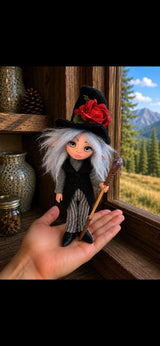 Thalvera, Pixie of the Rosebound Path, handmade Pixie shown in hand for scale