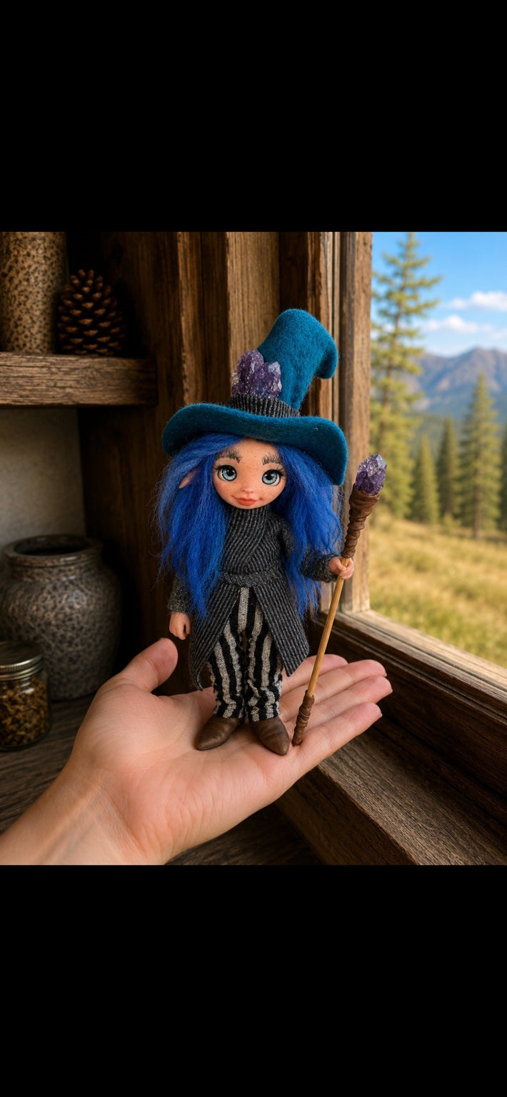 Vaelith, Pixie of the Violet Compass, handmade Pixie shown in hand for scale