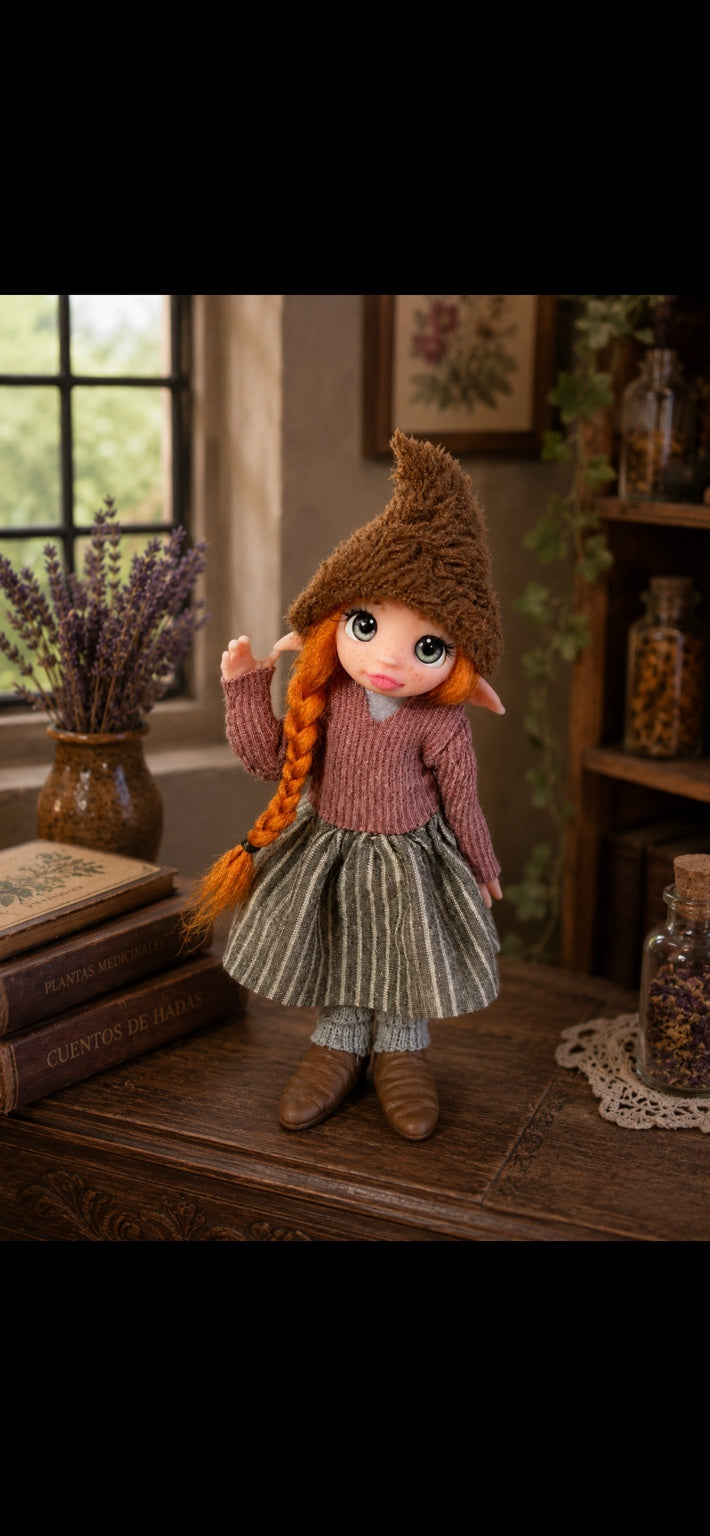 Velmira handmade Pixie in a warm botanical room with lavender and books