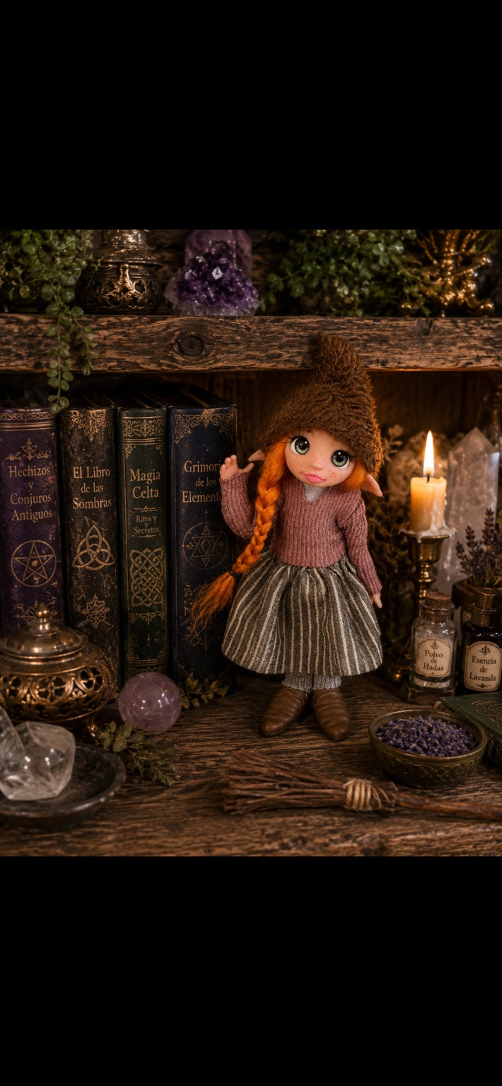 Velmira handmade Pixie among ancient books, crystals and lavender