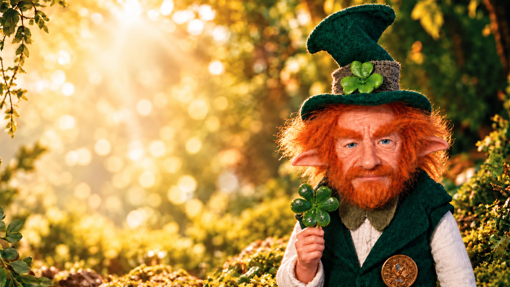 A red-haired guardian with pale blue eyes, a gentle smile and a green hat, holding a clover in a golden forest.